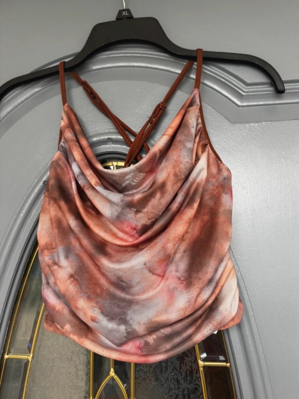 Cowl Neck Tie-Dye Satin Cami Tank Top - Rust Pink